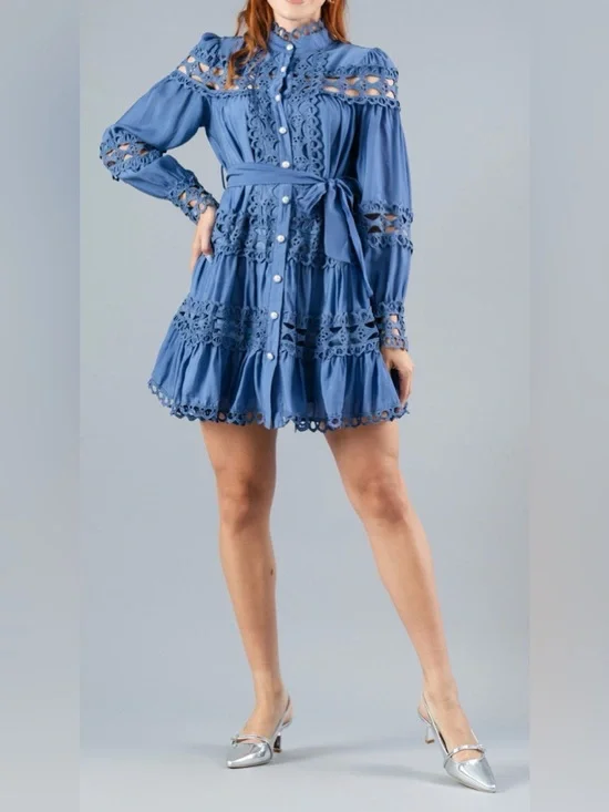 Blue Lace-Trim Button-Front Mini Dress with Waist Tie - Picture 2 of 3